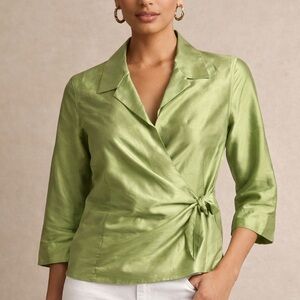 Talbots Chartreuse Green Silk Wrap Blouse